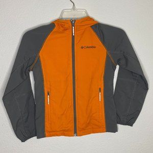 Columbia boy's XS (6/7) light weight full zip, hooded jacket grey/orange.